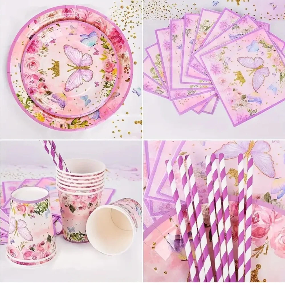 Pink Sparkle Butterfly Themed Birthday Party Tableware + Banner, Set of 102 pcs